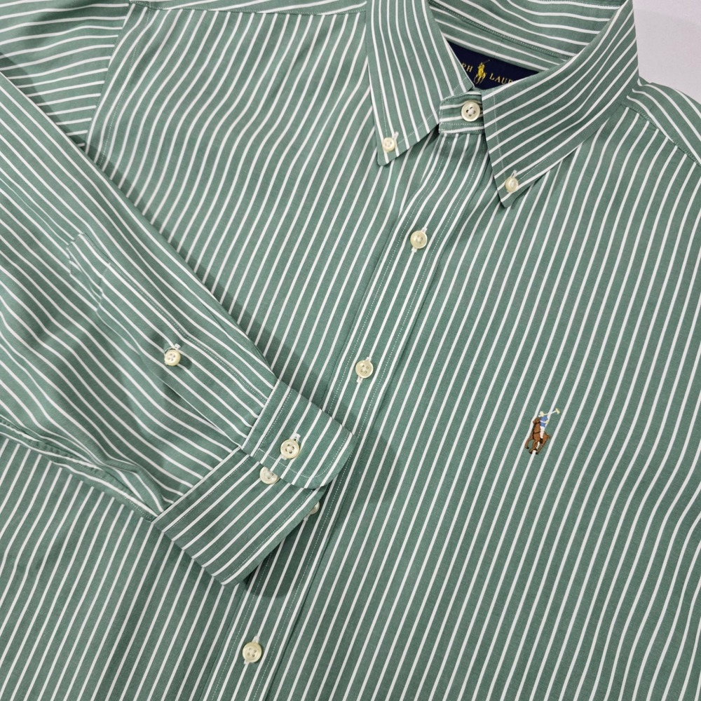 Ralph Lauren Classic Fit Mens 16.5 34/35 Green White Striped Cotton Shirt